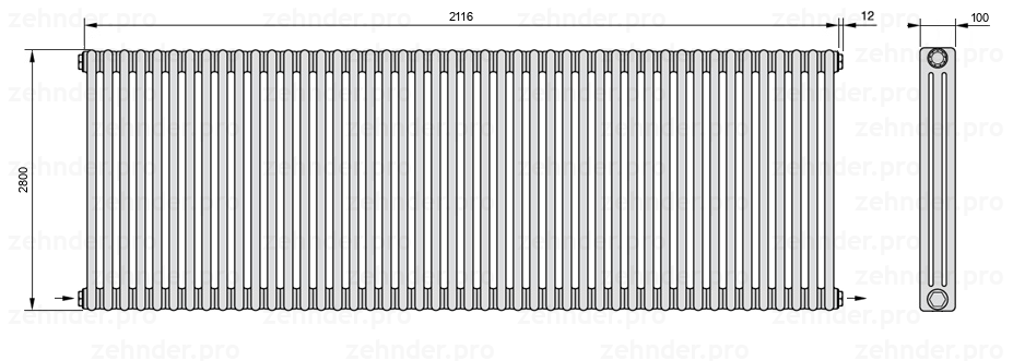 Схема (чертеж) Радиатор Zehnder Charleston 3280/46 №2670 Белый глянцевый RAL 9016